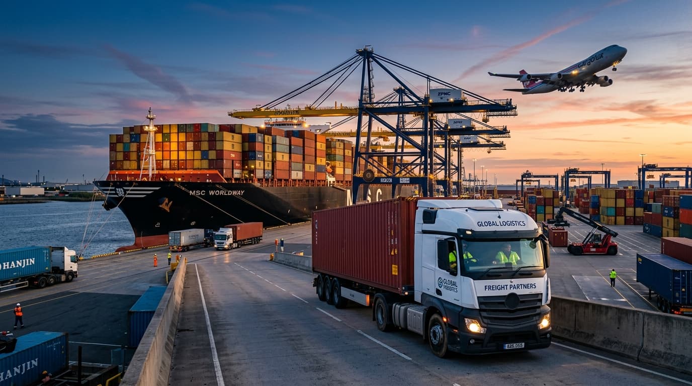 Global freight forwarding and multimodal logistics operations with cargo ships, containers, trucks, and port handling